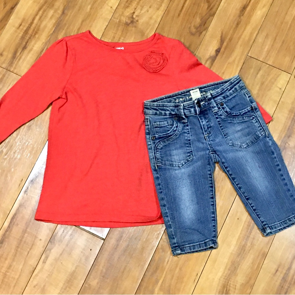 Flower rose red shirt top and crop denim sequin bling denim jeans - girl…